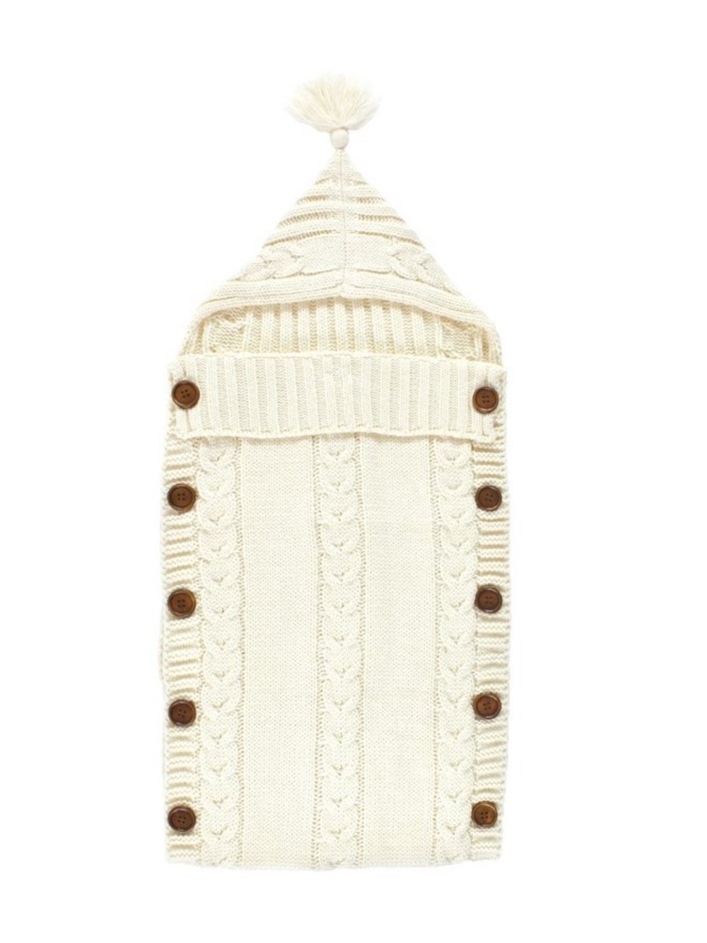 Baby Knitted Lounge Stroller Wrap Sack Cream Button Side Hooded Fringe Cableknit
